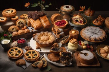 Wall Mural - an array of pastries, pies, and other baked goods for the holidays, created with generative ai