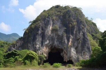 Poster - mountain with massive cave-in, exposing the rock and mineral formations within, created with generative ai