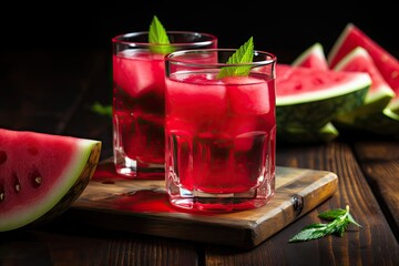 Sticker - refreshing watermelon water with a slice of juicy fruit, created with generative ai