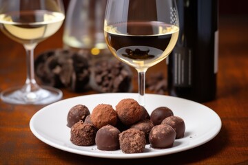 Wall Mural - plate of rich chocolate truffles paired with glass of crisp white wine, created with generative ai