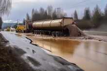 Toxic Sludge Spilled From Overturned Tanker Truck, Polluting The Roadside, Created With Generative Ai