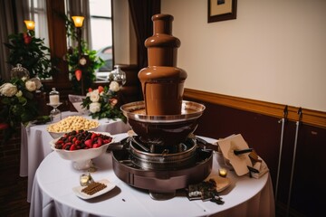 Poster - wedding reception with chocolate fountain and fondue for guests to enjoy, created with generative ai