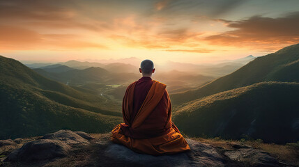 Buddhist monk sitting on the top of mountain and looking at sunrise. Generative AI.