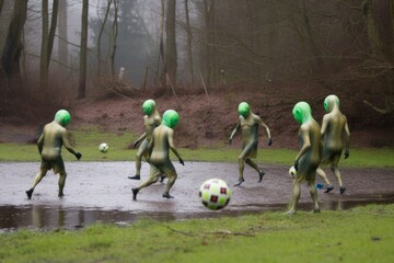 Wall Mural - a group of aliens playing a game of football in their natural environment, created with generative a