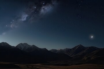 Wall Mural - night sky with stars and crescent moon over mountain range, created with generative ai