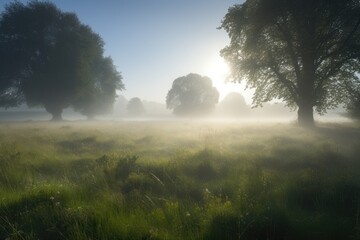 Sticker - morning mist, creating a peaceful and serene scene of meadows in the early hours, created with generative ai