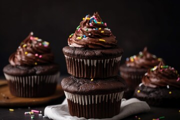 Sticker - stack of chocolate cupcakes with piped frosting and sprinkles, created with generative ai