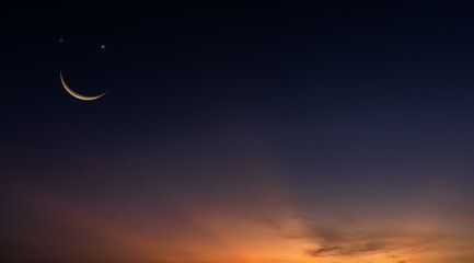 crescent moon on dusk sky twilight in the evening after day, religion of islamic and free space for 