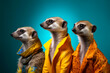 Fashionable portrait of anthropomorphic cute meerkats dressed as vibrant glam rock superstars. Generative AI.