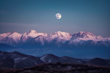 Sticker - majestic mountain range with a full moon shining on the peaks, created with generative ai