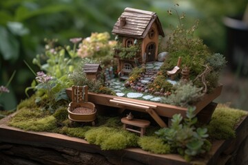 Canvas Print - a fairy garden with whimsical plants, miniature furniture and a wishing well, created with generative ai