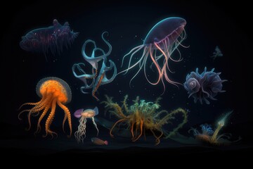 Wall Mural - deep-sea creatures swimming and glowing in the dark depths of the ocean, created with generative ai