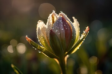 Poster - close-up of a blooming flower bud, with dew drops and morning light shining through, created with generative ai