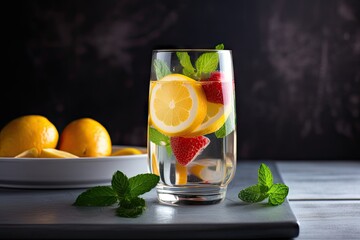 Poster - glass of fruit-infused water with slice of lemon and mint leaves, created with generative ai