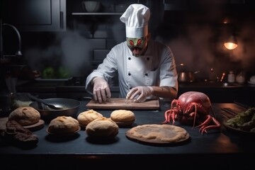 Poster - alien chef, preparing plate of juicy hamburger with freshly baked bun and fixings, created with generative ai