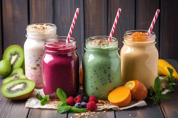 Wall Mural - collection of smoothie and shake recipes, each with different ingredients and flavors, created with generative ai