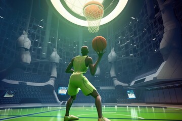 Wall Mural - alien athlete reaching for ball in basketball game with futuristic stadium and flying saucers visibl