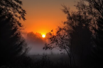 Poster - sunrise, with orange sun peeking through the misty sky and over the trees, created with generative ai