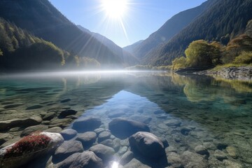 Wall Mural - crystal clear lake, surrounded by misty mountains, with the sun shining through, created with generative ai