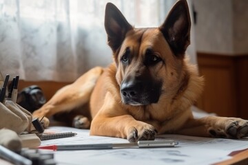 Poster - dog, with paw on blueprint and drawing instruments in view, working on new project, created with generative ai