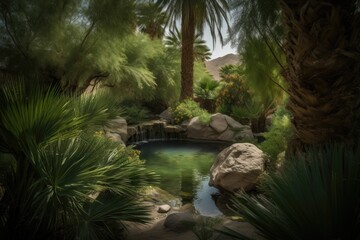 Canvas Print - desert oasis with waterfall, surrounded by lush greenery, created with generative ai