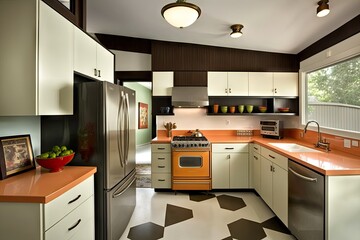 Wall Mural - mid-century modern kitchen, with sleek countertops and retro appliances, created with generative ai