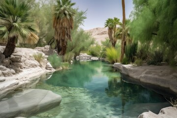 Sticker - desert oasis, with hidden waterfall and pool of crystal-clear water, created with generative ai