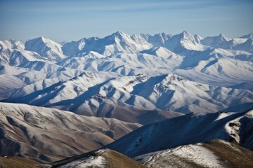 Canvas Print - majestic mountain range covered in a blanket of snow, with the peaks rising above, created with generative ai