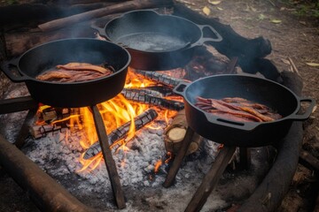 Poster - campfire cook with cast-iron skillet and sizzling bacon, eggs and pancakes, created with generative ai