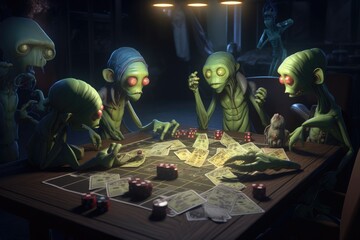 Wall Mural - group of aliens playing a high-stakes game of cards, with their winnings and losses on the line, cre