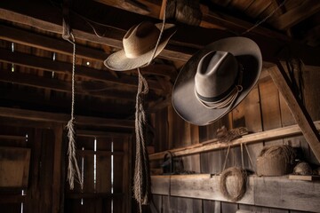 Sticker - rustic barn with cowboy hat and rope hanging from the ceiling, created with generative ai