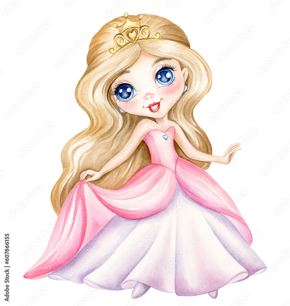 Cute little princess. Watercolor hand drawn beautiful baby blond girl ...