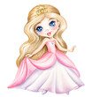 Cute little princess. Watercolor hand drawn beautiful baby blond girl in pink dress