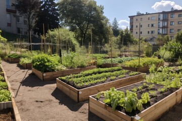 Poster - a community garden, with rows of vegetables and herbs, growing in the sunshine, created with generative ai