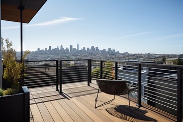 Wall Mural - modern deck with sleek metal and wood furnishings, and view of city skyline, created with generative ai