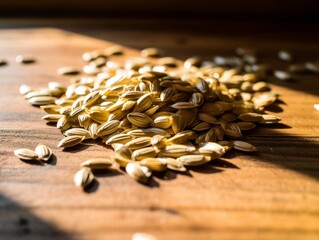 Wall Mural - sunflower seeds scattered on a wooden table