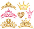Watercolor hand drawn Set of queen golden crowns. Collection of pink and gold princess tiaras cartoon illustration