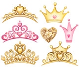 Fototapeta Paryż - Watercolor hand drawn Set of queen golden crowns. Collection of pink and gold princess tiaras cartoon illustration
