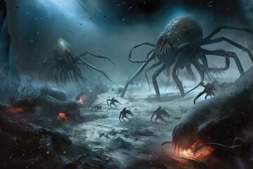 Wall Mural - alien life forms battle, fighting for survival in harsh environment, created with generative ai