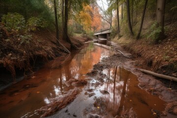 Wall Mural - transparent water stream filled with runoff, stained by chemicals and debris, created with generative ai