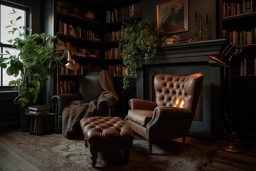 Poster - cozy reading nook with fireplace, comfy armchair, and stack of books, created with generative ai