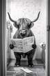 Highland cow sitting on the toilet reading a newspaper, generative ai art, animal humor