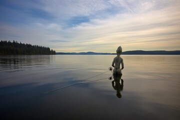 Wall Mural - alien with fishing rod, casting line into peaceful lake, created with generative ai