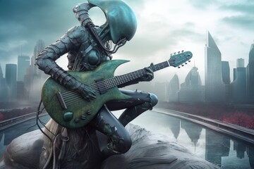 Sticker - alien musician playing futuristic guitar, with surreal cityscape in the background, created with generative ai