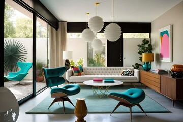 Wall Mural - mid-century modern living room, with sleek furnishings and pops of color, created with generative ai