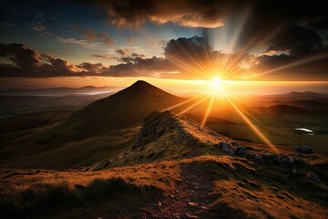 Canvas Print - sun setting behind hilltop, casting rays of light over scenic landscape, created with generative ai