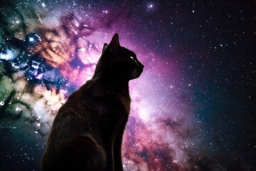 Wall Mural - cosmic nebula with silhouette of feline and canine astronaut in space, created with generative ai