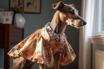 Sticker - feline designer hand-sews bespoke dress for speedy pooch model, created with generative ai