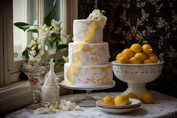 Poster - vintage-inspired wedding cake with delicate sugar flowers and lemon ribbon accents, created with generative ai