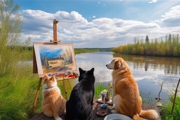 Sticker - dog and cat artists working side by side, painting stunning landscape scene, created with generative ai